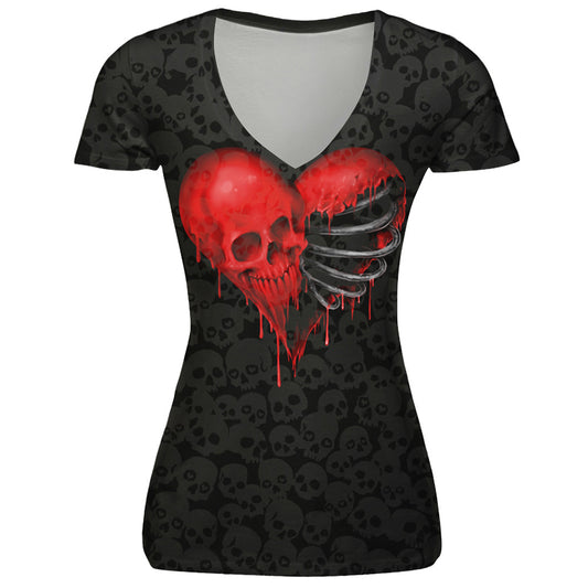 Halloween Inspired Skull Head & Heart love digitally printed short sleeved Women's V neck breathable T-shirt