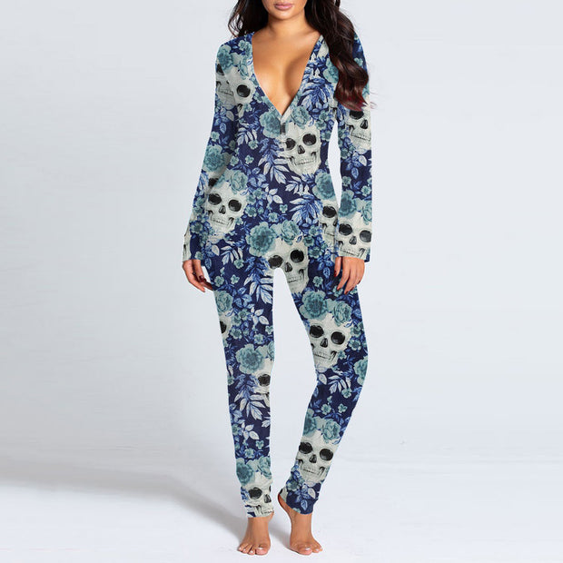 Amazing Autumn And Winter Halloween Inspired Skull Printed Sexy Onesie PJ's
