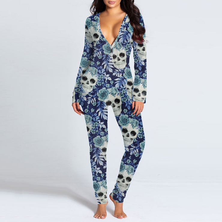 Amazing Autumn And Winter Halloween Inspired Skull Printed Sexy Onesie PJ's