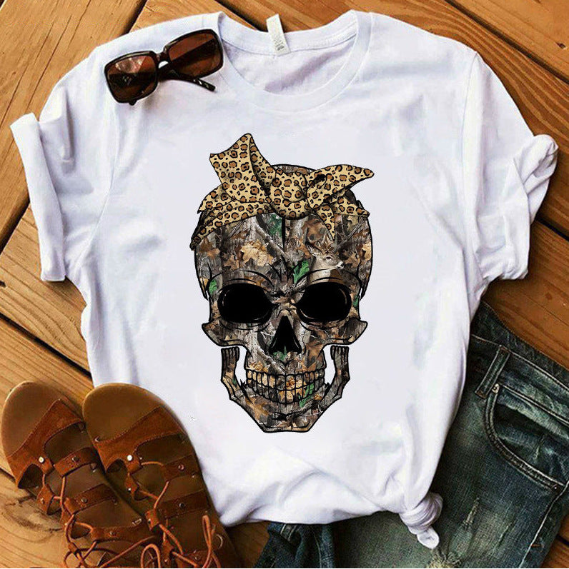 Camouflage Skull T-Shirt Female Leopard Print
