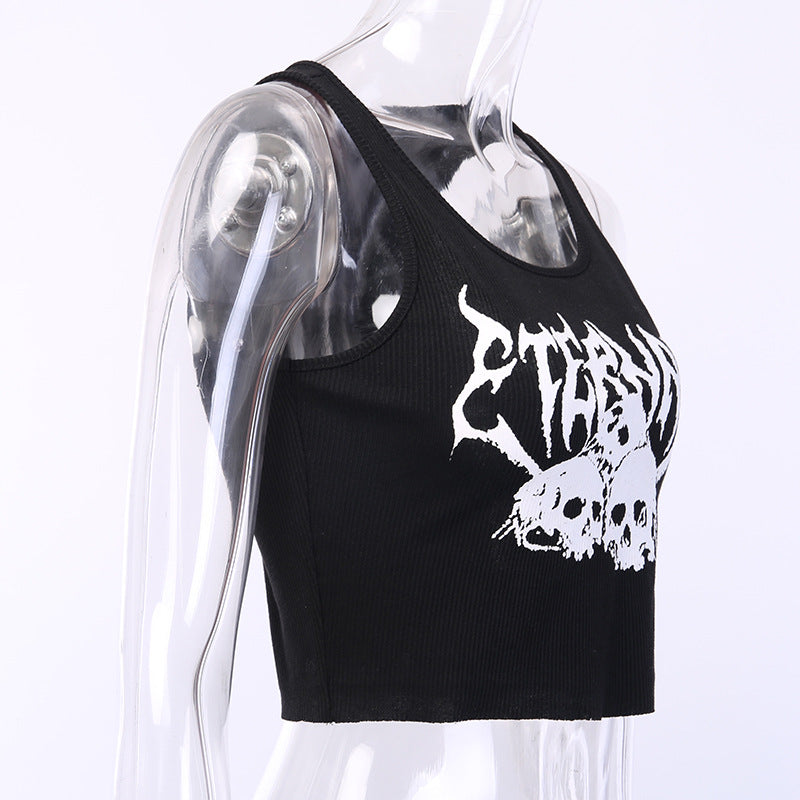 Short Navel Cropped Gothic Style Skull Tank Top