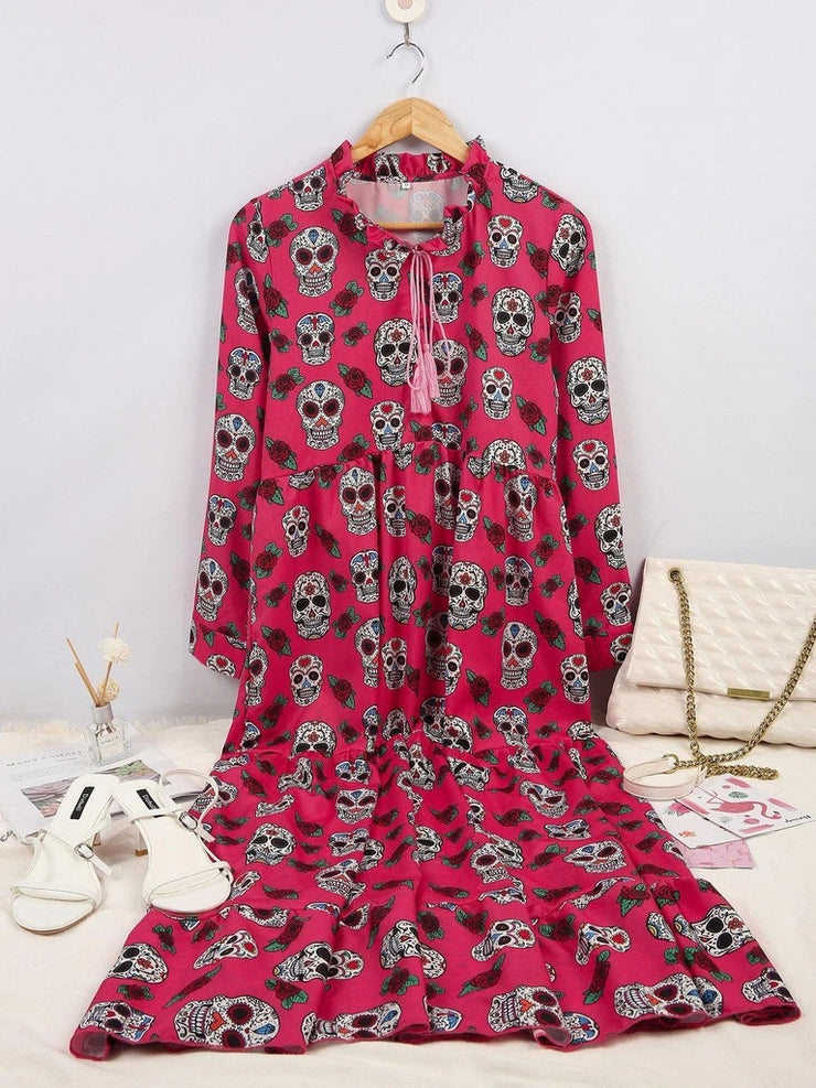 Skull Print Long-sleeved Big flowing Dress *3 Colors