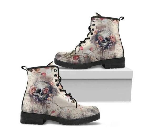 Women Boots Low Heel Shoes Women's Vintage Pu Leather Autumn ready stay Warm in Winter with high top Skull Boots