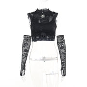 Skull Mesh Lace See-through Gothic Tank Top & Sleeves Two-piece