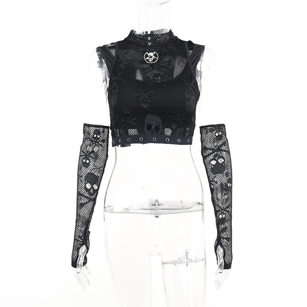 Skull Mesh Lace See-through Gothic Tank Top & Sleeves Two-piece