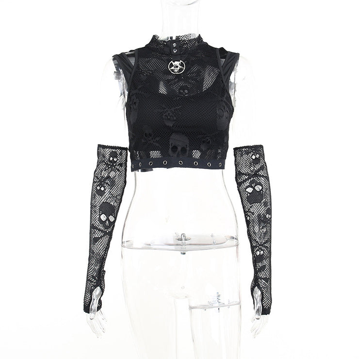 Skull Mesh Lace See-through Gothic Tank Top & Sleeves Two-piece