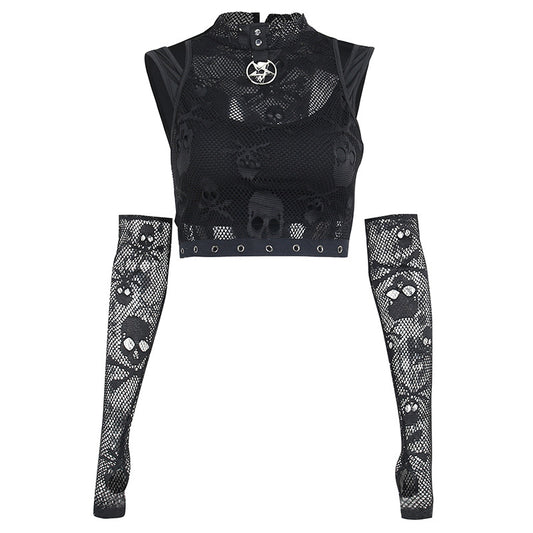 Skull Mesh Lace See-through Gothic Tank Top & Sleeves Two-piece