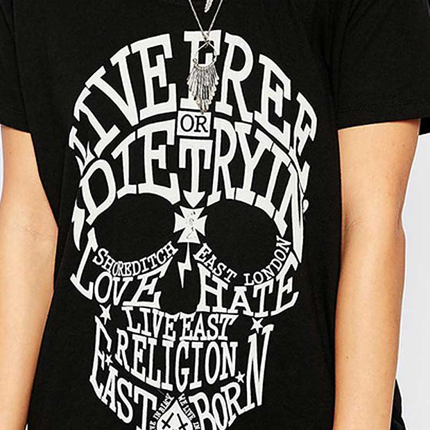 Skull short sleeve " Live Free or Die Trying ", Love hate t-shirt blk & wht