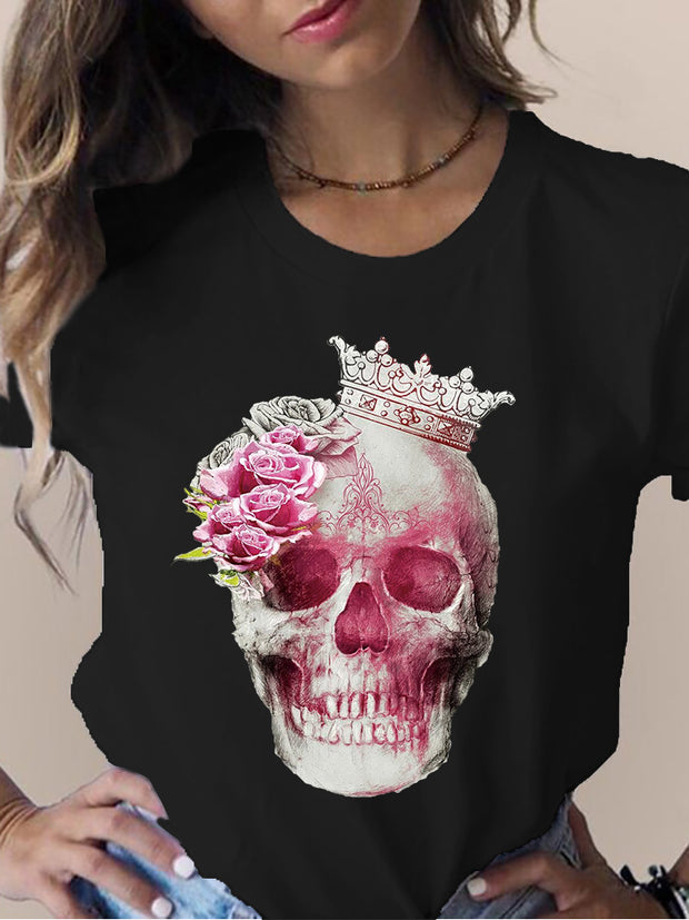 Women's Skull Flower Printed Round Neck Short Sleeve T-shirt *15 styles