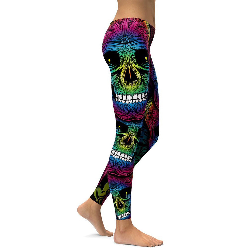 Rainbow Skull Leggings Workout or Casual wear, High Waist Slim Pants S~4XL, Plus Size Leggings
