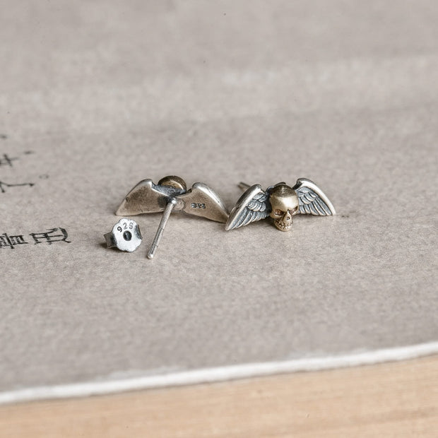 S925 Sterling Silver Retro Punk Skull Winged Stud Earrings
