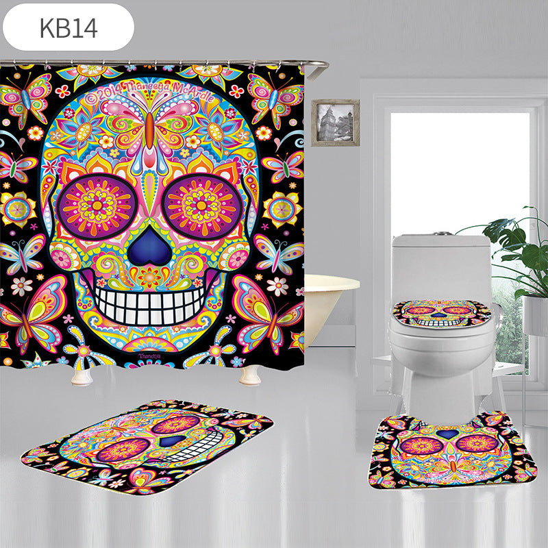 Skulls Digitally Printed Shower Curtain, Commode seat Cover & Non-slip Mat * 19 Styles