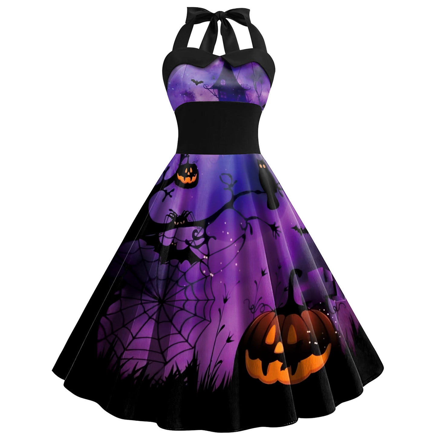 Skulls, Spider Web, Halloween Printed Women's High Waist Strap Dress