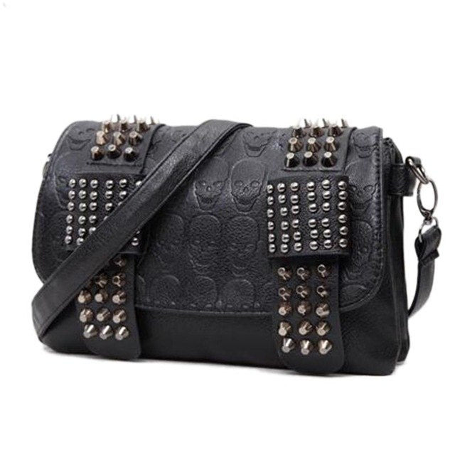 Black Messenger Bag Vintage Shoulder Bag with Cool Skull Rivets