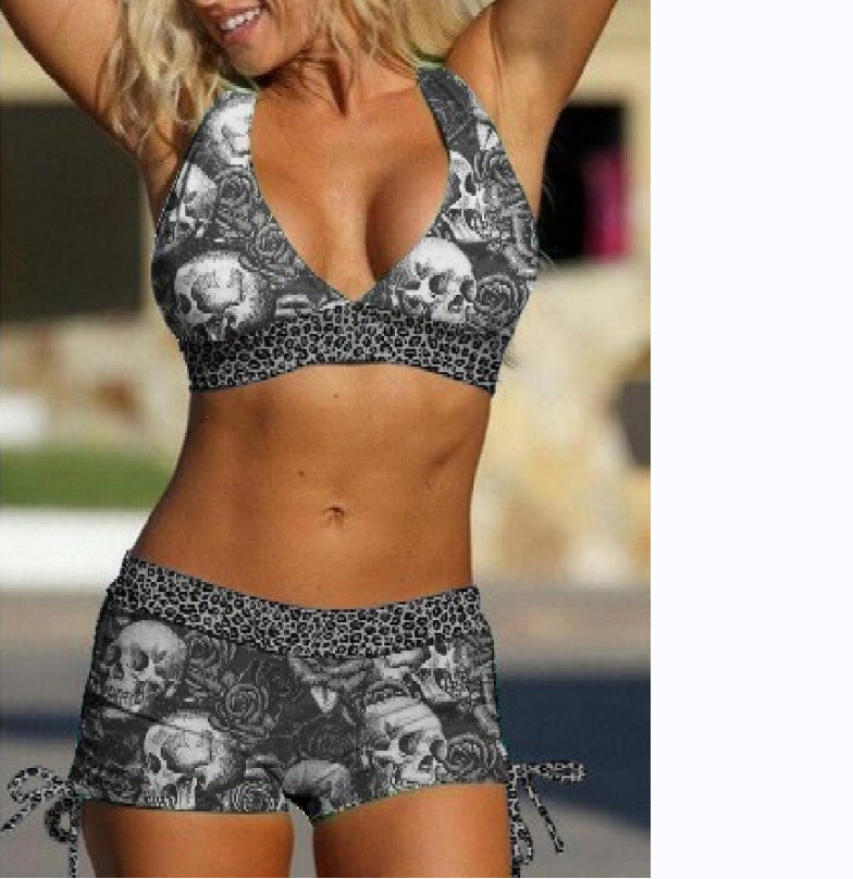 Conservative Bikini Ladies Skull Print Resort Swimsuit