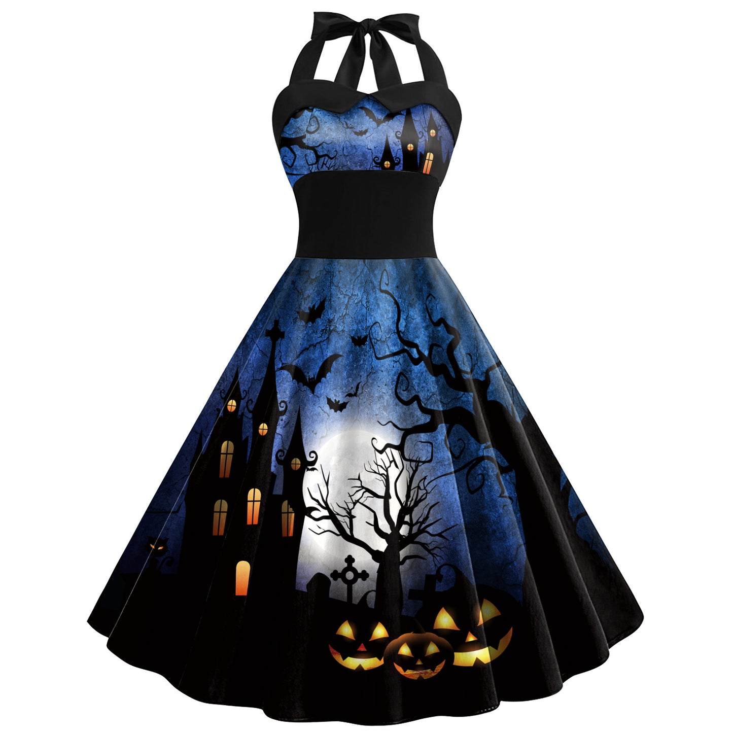 Skulls, Spider Web, Halloween Printed Women's High Waist Strap Dress