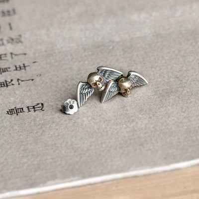S925 Sterling Silver Retro Punk Skull Winged Stud Earrings