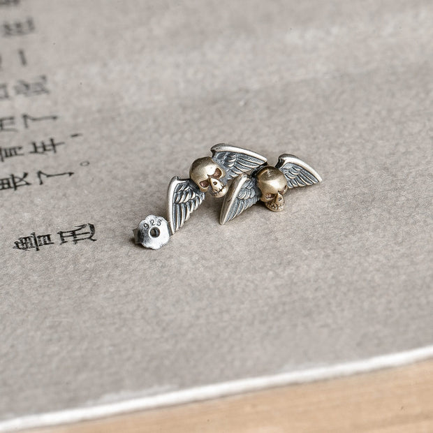S925 Sterling Silver Retro Punk Skull Winged Stud Earrings