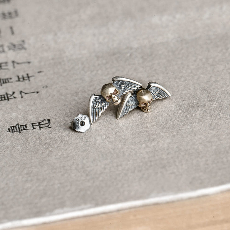 S925 Sterling Silver Retro Punk Skull Winged Stud Earrings