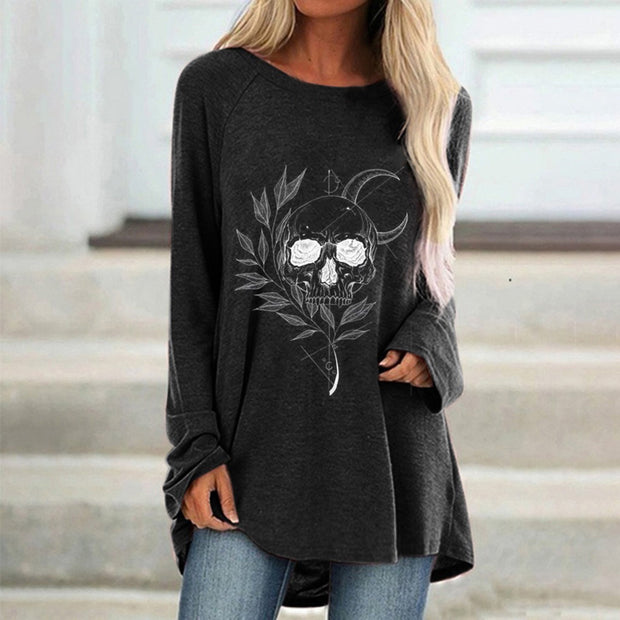 Large Round Neck Skull Print Loose Long Sleeves