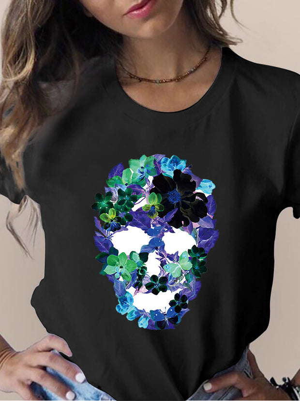 Women's Skull Flower Printed Round Neck Short Sleeve T-shirt *15 styles