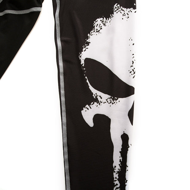 Skull Print Long Sleeve Men's Punishing Workout Clothes with Stretch Quick Drying Clothes for Basketball, Bike Riding, Running Suit. With a Round Neck, it's a Tight form-fitted shirt