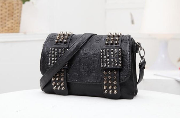 Black Messenger Bag Vintage Shoulder Bag with Cool Skull Rivets