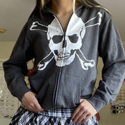 Women's Skull Print Loose Hooded Sweater