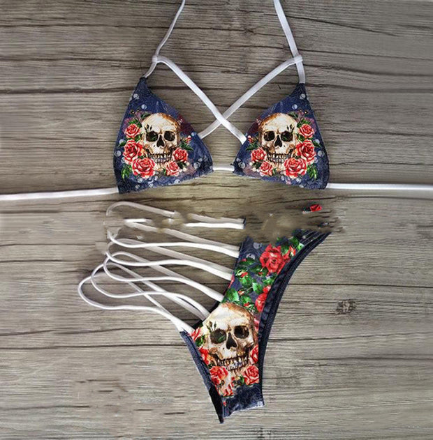 Skull Printed Lace-up Split Swimsuit