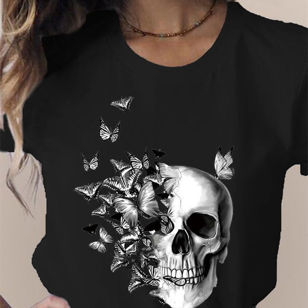 Women's Skull Flower Printed Round Neck Short Sleeve T-shirt *15 styles