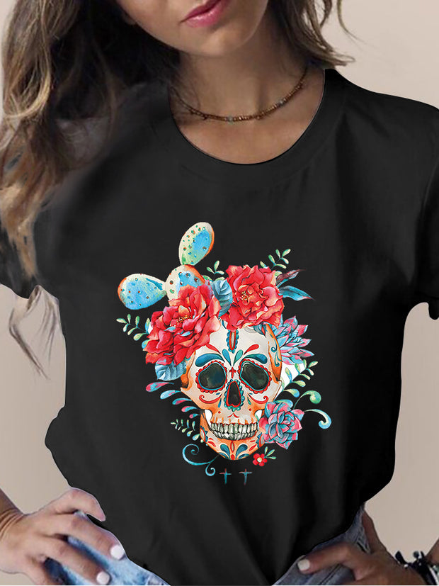 Women's Skull Flower Printed Round Neck Short Sleeve T-shirt *15 styles