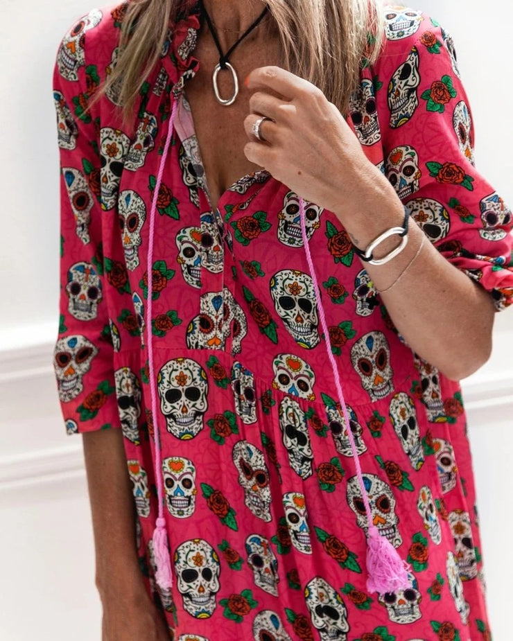 Skull Print Long-sleeved Big flowing Dress *3 Colors