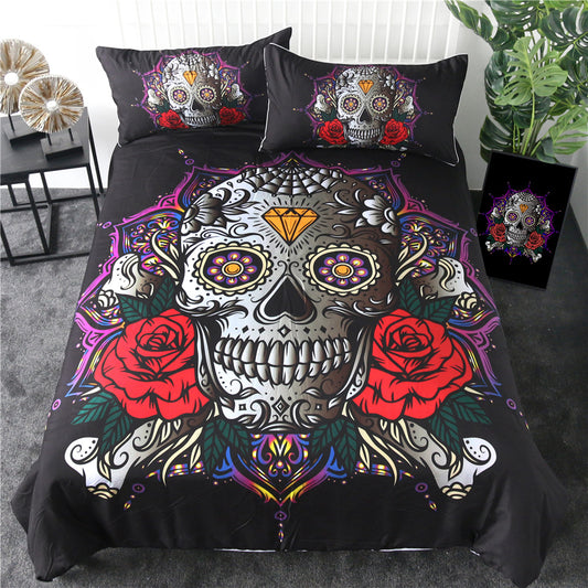 Three-piece bedding set with day of the dead skull quilt cover