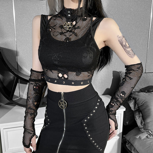 Skull Mesh Lace See-through Gothic Tank Top & Sleeves Two-piece