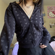 90s Vintage Skull Print Black Zipper Sweatshirt Long Sleeve