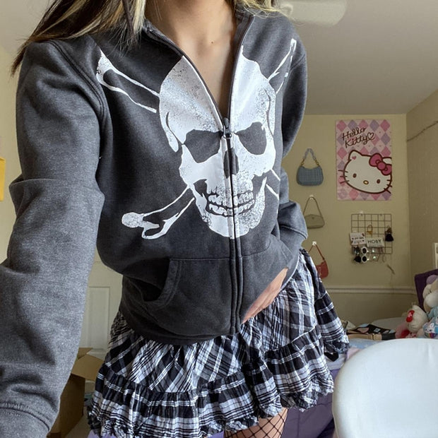 Women's Skull Print Loose Hooded Sweater