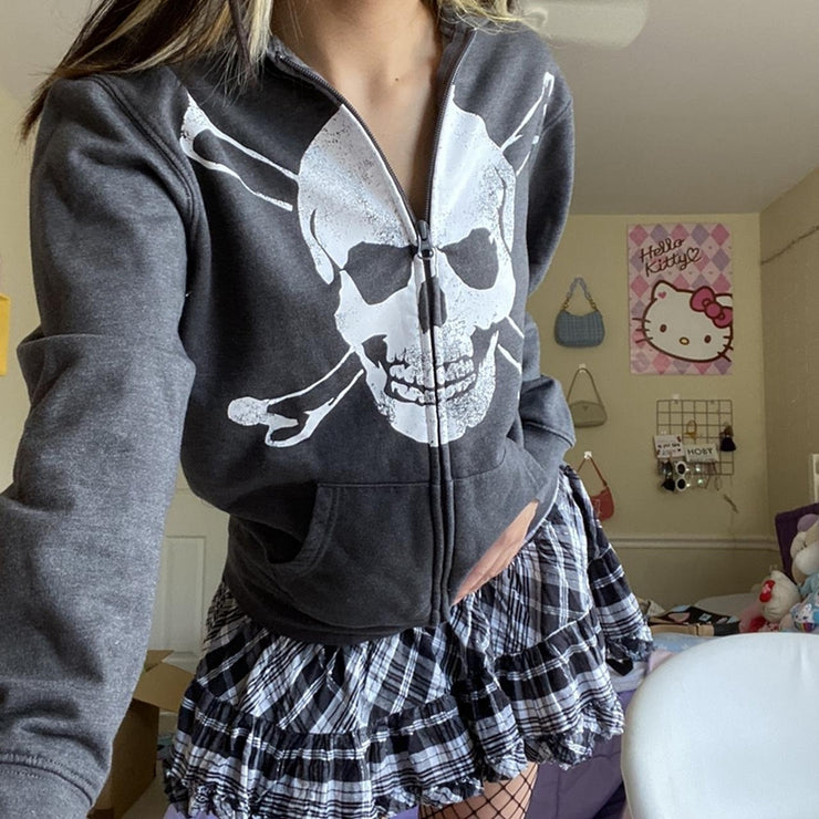 Women's Skull Print Loose Hooded Sweater