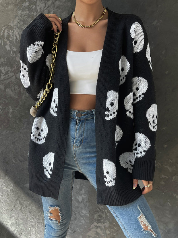 Casual Halloween inspired Skull Jacquard Knitted Long Sleeve Cardigan