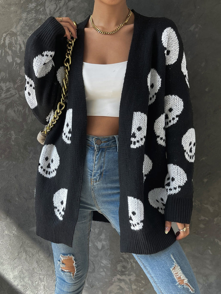 Casual Halloween inspired Skull Jacquard Knitted Long Sleeve Cardigan