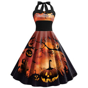 Skulls, Spider Web, Halloween Printed Women's High Waist Strap Dress
