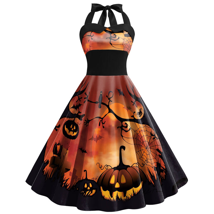 Skulls, Spider Web, Halloween Printed Women's High Waist Strap Dress