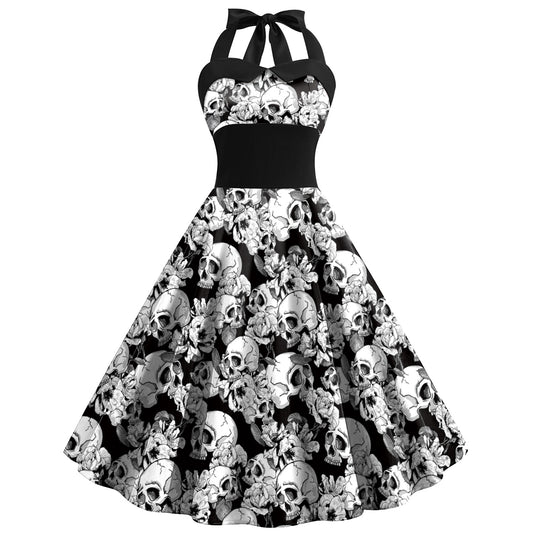 Skulls, Spider Web, Halloween Printed Women's High Waist Strap Dress