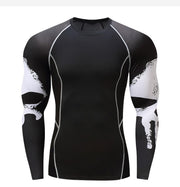 Skull Print Long Sleeve Men's Punishing Workout Clothes with Stretch Quick Drying Clothes for Basketball, Bike Riding, Running Suit. With a Round Neck, it's a Tight form-fitted shirt