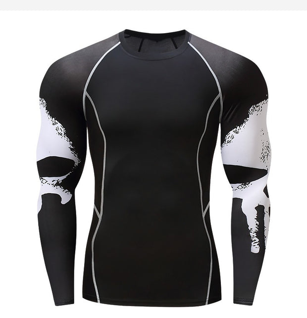 Skull Print Long Sleeve Men's Punishing Workout Clothes with Stretch Quick Drying Clothes for Basketball, Bike Riding, Running Suit. With a Round Neck, it's a Tight form-fitted shirt