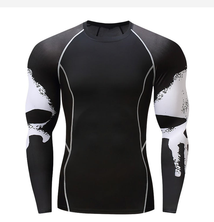 Skull Print Long Sleeve Men's Punishing Workout Clothes with Stretch Quick Drying Clothes for Basketball, Bike Riding, Running Suit. With a Round Neck, it's a Tight form-fitted shirt