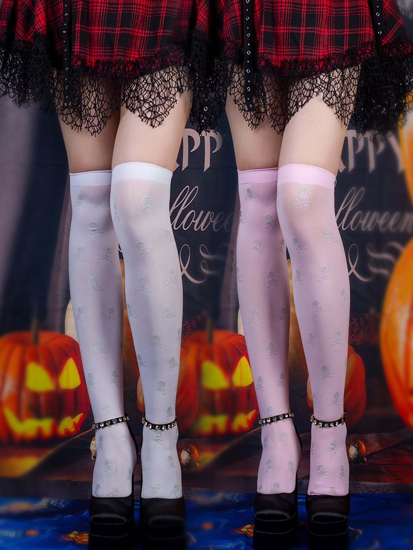 Halloween-Inspired Over-the-knee Printed Skull Thigh High Socks