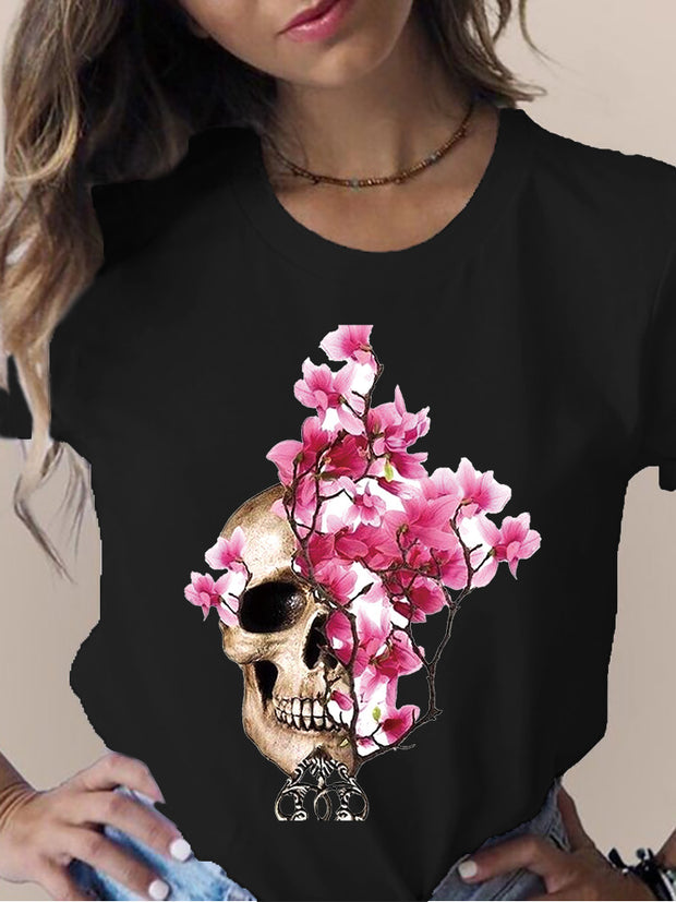 Women's Skull Flower Printed Round Neck Short Sleeve T-shirt *15 styles