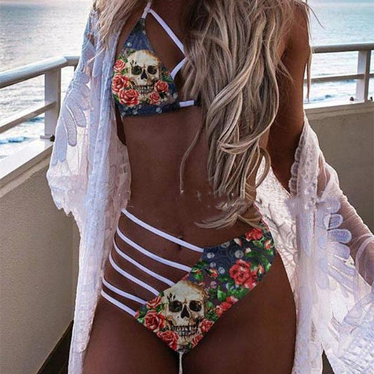 Skull Printed Lace-up Split Swimsuit
