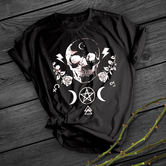 Summer Moon And Skull Black Short Sleeve T-shirt Harajuku style