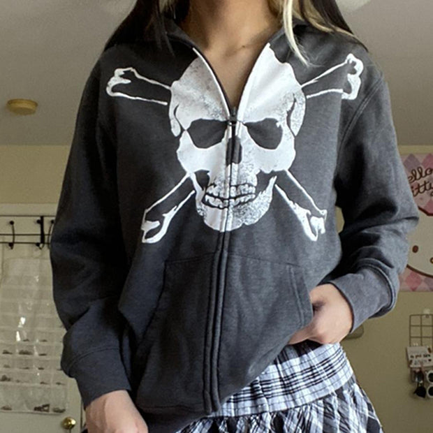 Women's Skull Print Loose Hooded Sweater